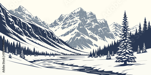 A serene winter landscape with snow-covered mountains and a winding river Vector