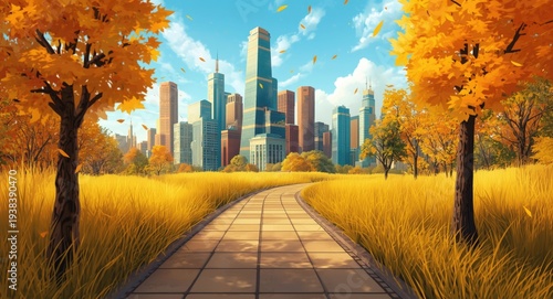 Cartoon style autumn city w...