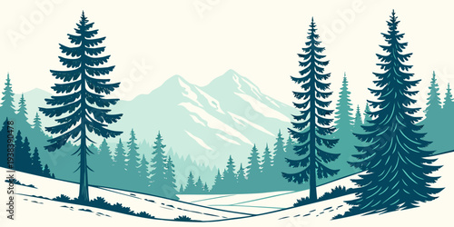 Majestic mountain landscape with dense forest and snow-capped peaks under a clear sky Vector