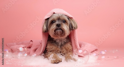 Adorable pet dog drying in ...