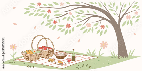 A vibrant outdoor scene with a picnic setup under a blossoming tree. Vector