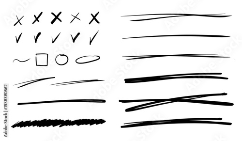 Set of highlights, crosses, lenes, marks. Handwriting design template underlines. Scribble doodle underlines. Marker or pen hand drawn writing 