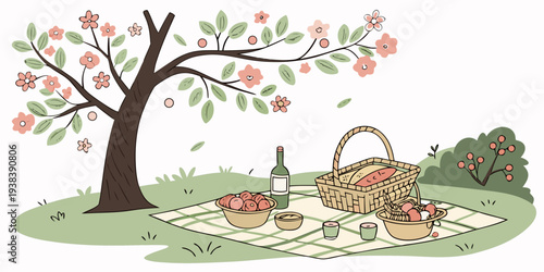 A serene scene of a tree with pink blossoms and a family of deer grazing in a lush green field Vector