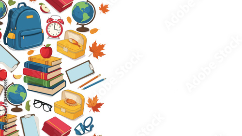 Vertical border on the left is filled with various school supplies like a backpack, books, apples, globes, and autumn leaves.