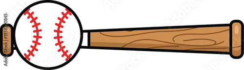Cartoon style baseball bat ready to connect with a perfectly stitched white ball isolated on white background