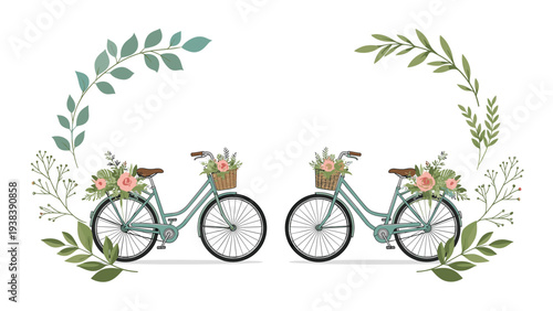 Two green bicycles equipped with wicker baskets full of pink roses and green leaves are symmetrically placed within a leafy wreath frame.