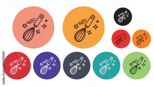 Ten colorful circles each contain a line drawing of a whisk surrounded by stars, representing cooking, baking, or magic.