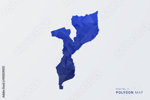 Mozambique Map - Polygon Style Vector Illustration in Deep Blue Gradient, Low Poly Geometric Design, Clean Silhouette Isolated on White Background for Infographics.