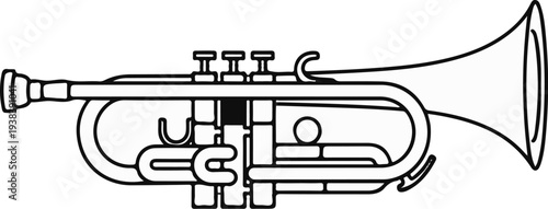 A black and white line drawing of a brass musical instrument with valves and a bell