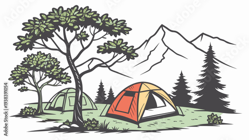 A serene campsite nestled in a lush forest with majestic mountains in the background Vector