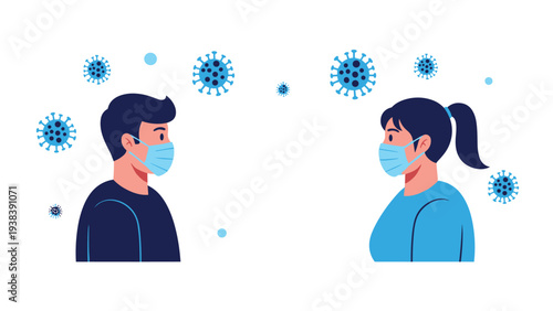Man and a woman stand apart while wearing medical face masks, with several blue virus particles floating in the air around them.