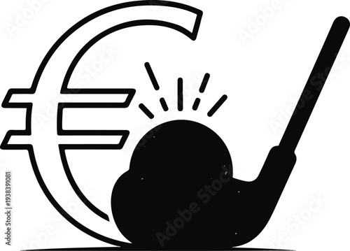 Euro symbol next to a golf ball being struck by a club
