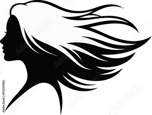 Elegant silhouette profile of a woman's head with flowing hair