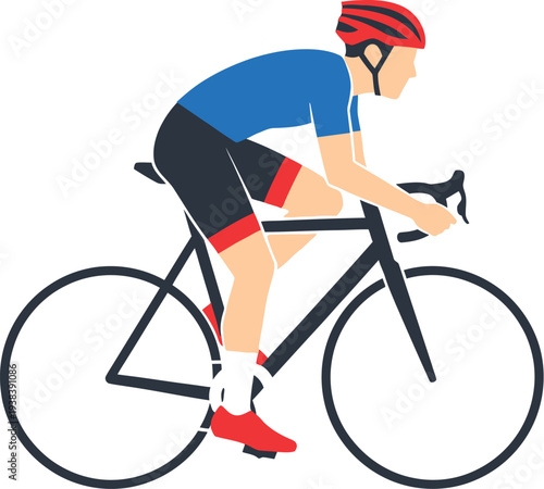 Cyclist wearing red helmet and blue jersey intensely riding a racing bicycle in aerodynamic position for fitness