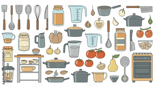 Wide variety of kitchen tools, pots, pans, jars, and fresh produce like tomatoes and a pear are scattered on a white background.