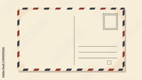 Blank vintage postcard template with a classic airmail border and a postage stamp area on a distressed beige paper background.