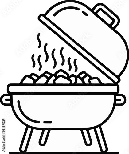 A charcoal grill with an open lid, revealing steaming food on a black background