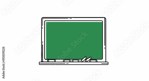 A green chalkboard with a tray holding chalk sticks, on a white background