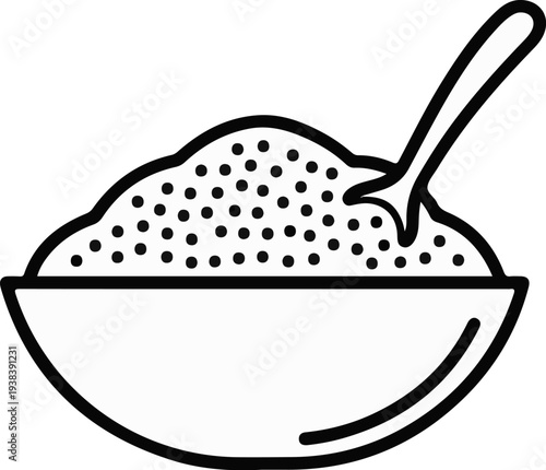 Line art of a bowl filled with small dots, with a spoon partially submerged