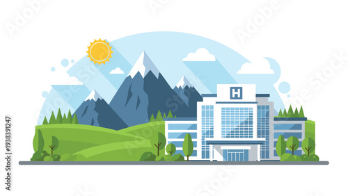 Modern hospital building situated in a serene natural landscape featuring green rolling hills, pine forests, and majestic snow peaks.