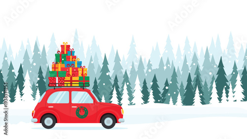 Classic red car carrying a stack of colorful christmas presents on its roof through a peaceful snowy pine forest during winter holiday.