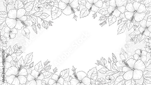 Intricate line art border frame featuring tropical hibiscus flowers and lush foliage surrounding a blank white space for custom text.