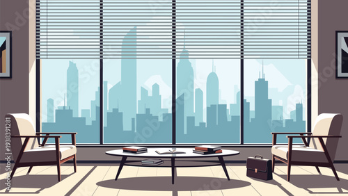 Contemporary office lounge area with stylish armchairs and a low table positioned in front of a wide window showing a blue city skyline.