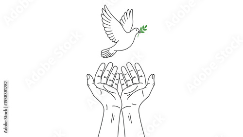 Meaningful line art drawing of two open hands releasing a white dove carrying an olive branch as a symbol of peace and hope on white.