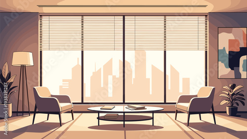 Stylish modern living room interior featuring two lounge chairs, a coffee table, and a large window with city skyline views at sunset.