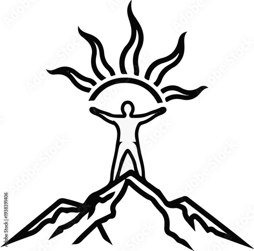 Figure stands atop mountain, arms outstretched, embracing a sun