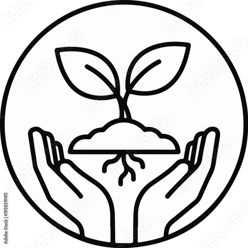 Hands cradle a seedling, symbolizing growth and nurturing within a circular emblem