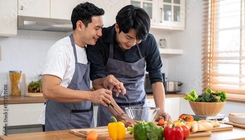 Two smiling men wearing aprons prepare a colorful salad together in a light-filled modern kitchen space