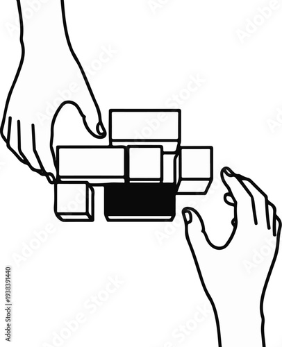 Hands carefully stacking blocks, one piece removed