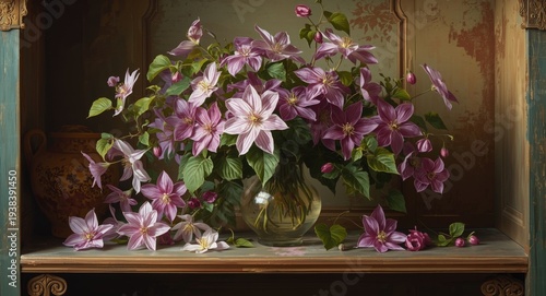 Artistic oil depiction of clematis flowers in glass vase on vintage wooden shelving with decorative accents