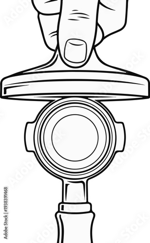 Hand pressing coffee grounds in portafilter basket for espresso preparation