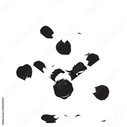 Minimalist abstract arrangement of black circular shapes scattered across a stark white background in high-contrast composition.