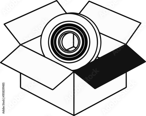 Open cardboard box containing a coiled spring, one flap shaded black