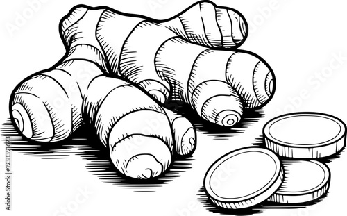 Hand Drawn of Fresh Ginger Root and Slices White Background spice food