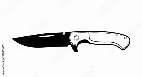 Black and white illustration of a folding knife with a black blade and light handle