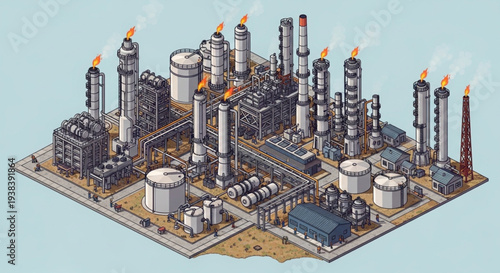 Industrial Oil Refinery Complex with Smokestacks and Tanks.