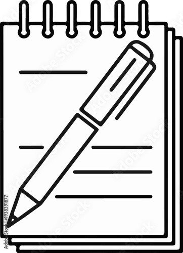 Black and white outline illustration of a notebook with a pen