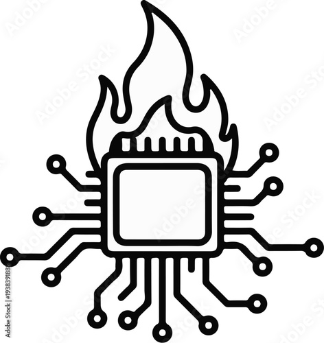 Icon of a computer chip on fire, symbolizing overheating or failure