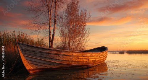 Rustic boat moored near bir...