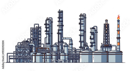 Industrial Oil Refinery Complex with Tall Stacks and Storage Tanks.