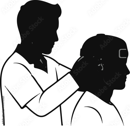 Silhouette of a person adjusting a headset on another person's head