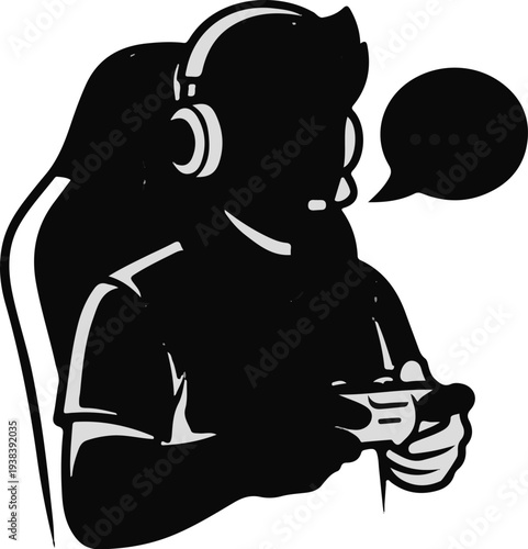 Silhouette of a person with headphones playing a game, with a speech bubble