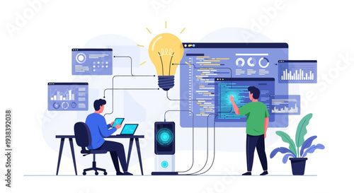 Two men working on computer screens.