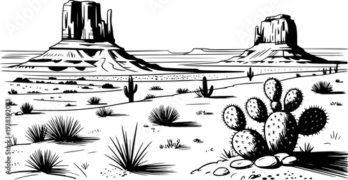 Monument Valley desert landscape with mesas and prickly pear cactus in black and white