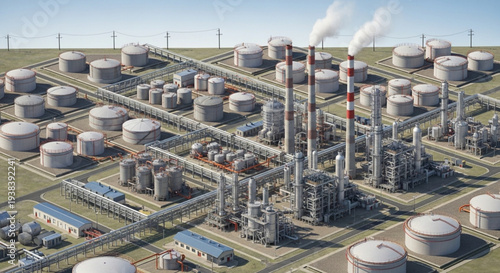 Industrial oil refinery complex with storage tanks and smokestacks.