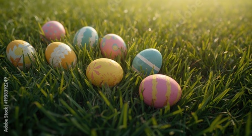Playful painted eggs lying ...